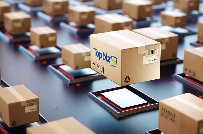 Colis Topbiz.fr sur une chaîne d'expédition